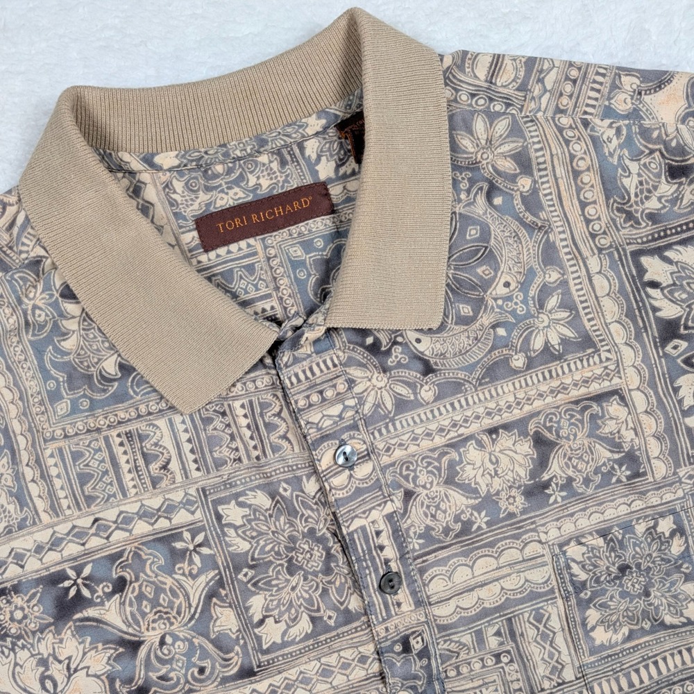 Tori Richard Polo Shirt Mens XL Hawaiian Geometric Tiki Resort Beach USA Made